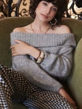 Sezane Donald Jumper in Grey Cowl Neck Off the Shoulder Size S Cozy Cropped